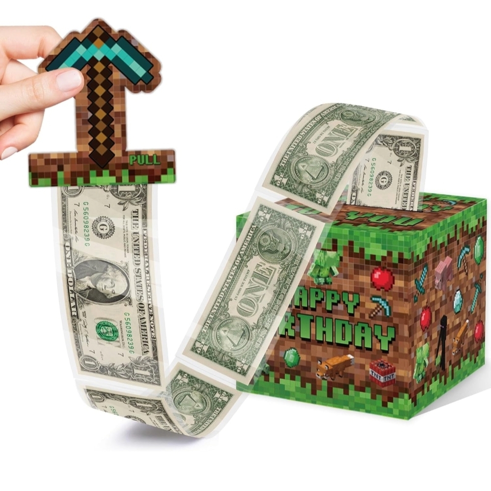 Minecraft Birthday Money Box Surprise Money Box Gift Pull for Game Lover- Pixel